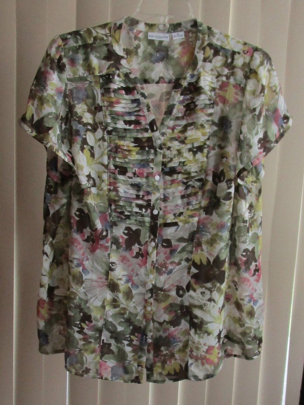 Liz Claiborne Chiffon Blouse woman 2X - green/pink floral print